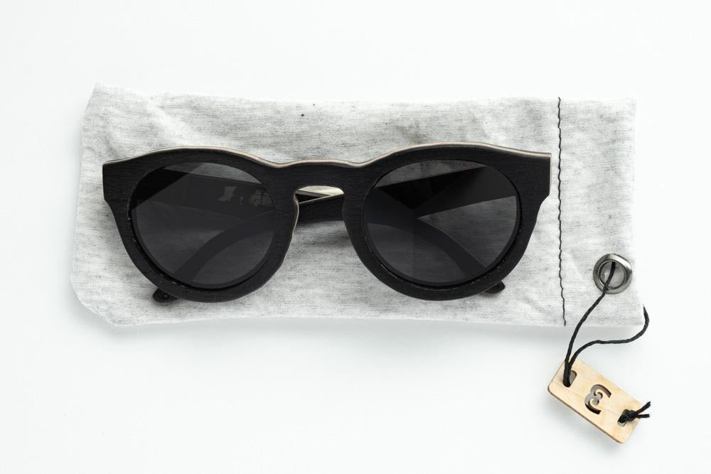 round style sunglasses with fabric case