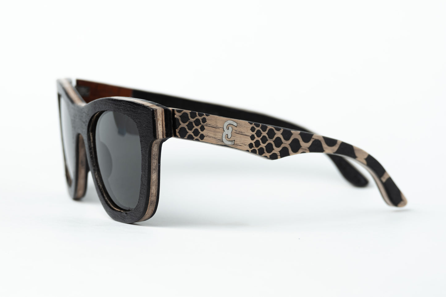 5 layer wood frame sunglasses with oak and pewter logo